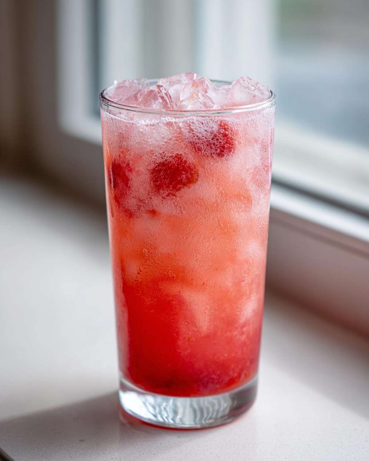 Close-up of a tall glass filled with Iced Strawberry Hibiscus Tea Lemonade, ice cubes, and visible strawberry pieces.