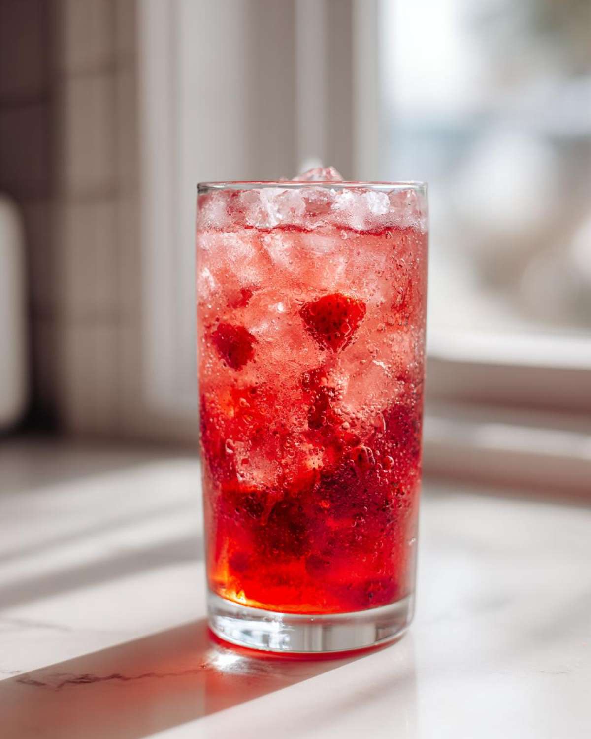 A tall glass filled with vibrant red Iced Strawberry Hibiscus Tea Lemonade, crushed ice, and strawberry pieces.