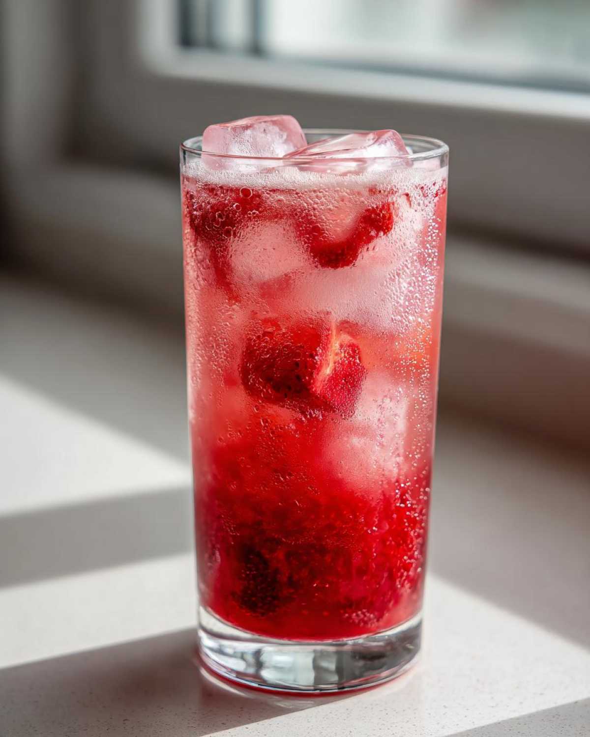 A tall glass filled with vibrant red Iced Strawberry Hibiscus Tea Lemonade, ice cubes, and strawberry slices.