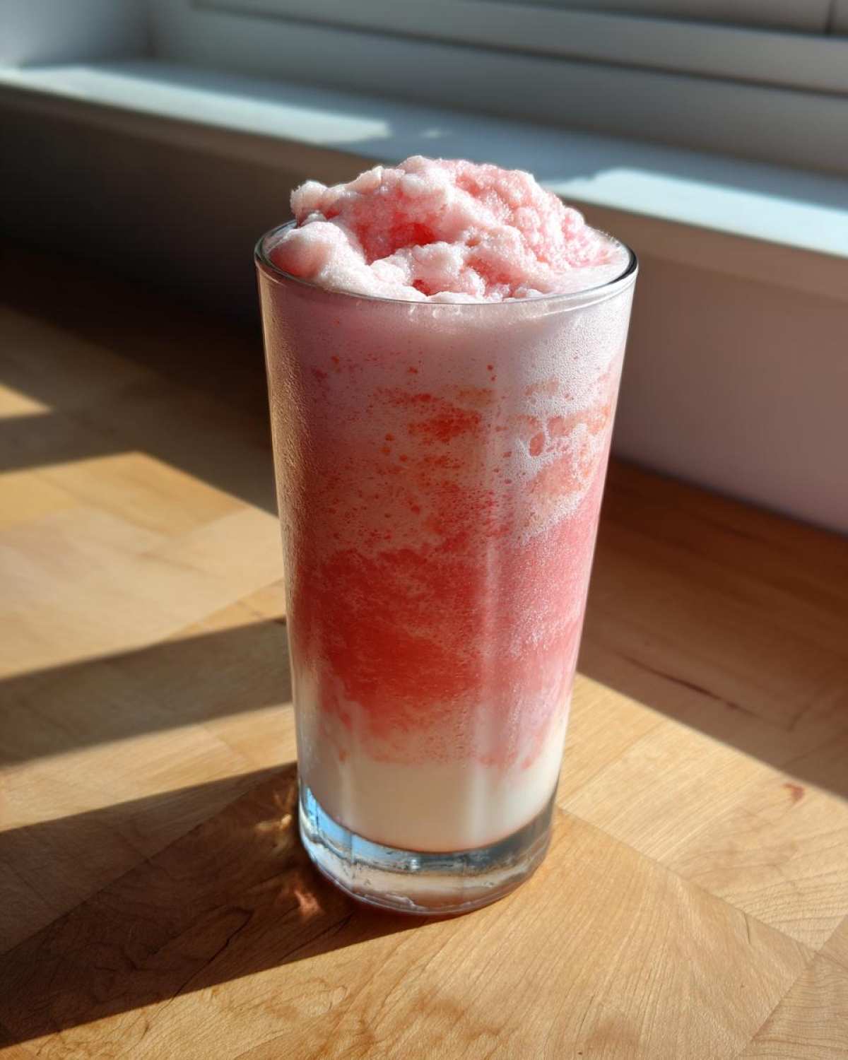 Close-up of a tall glass containing a layered Iced Vanilla Strawberry Protein Shake with a thick, icy strawberry top.