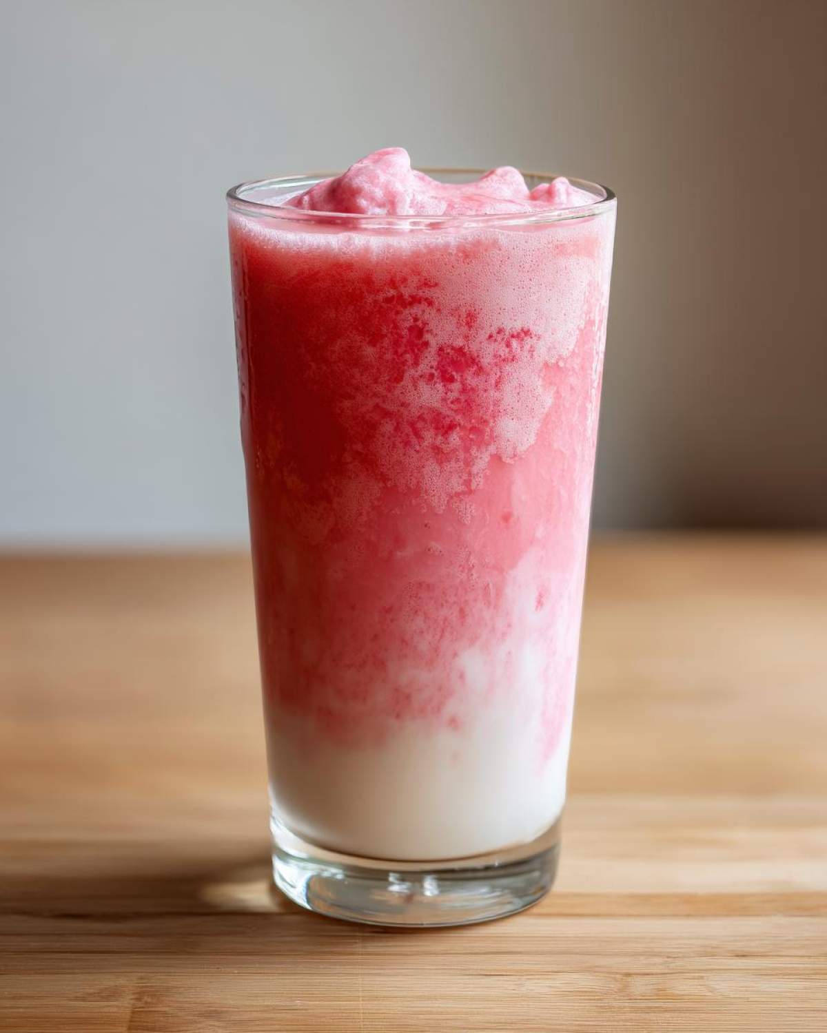 A tall glass filled with a layered Iced Vanilla Strawberry Protein Shake, showing a white base and a thick, pink, icy top layer.