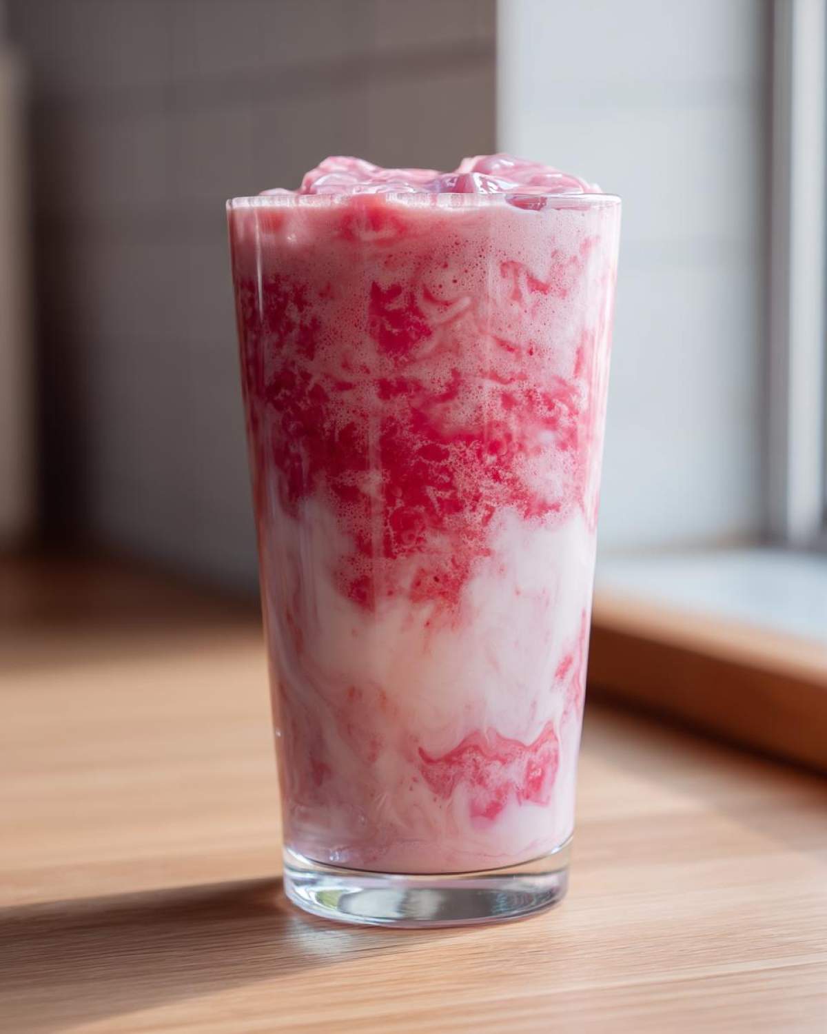 A tall glass filled with a swirling Iced Vanilla Strawberry Protein Shake, showing layers of pink fruit mixture and white liquid, topped with ice.