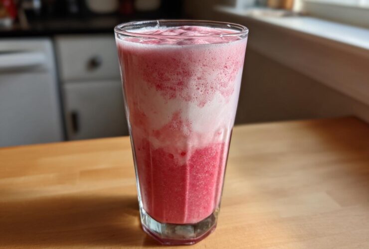 A tall glass filled with a layered Iced Vanilla Strawberry Protein Shake, showing pink and white foam.