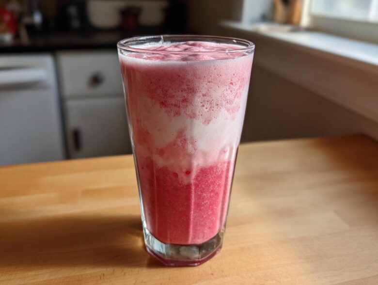 A tall glass filled with a layered Iced Vanilla Strawberry Protein Shake, showing pink and white foam.