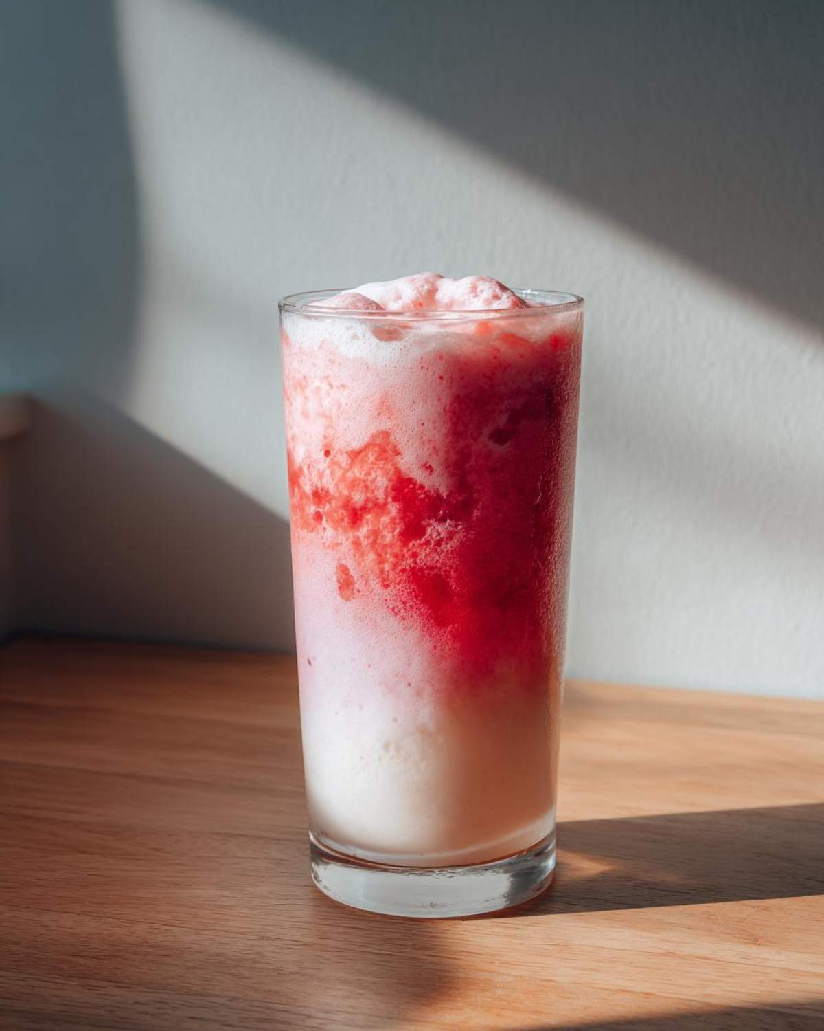 A tall glass filled with a layered Iced Vanilla Strawberry Protein Shake, showing bright red strawberry mix over a creamy white base.