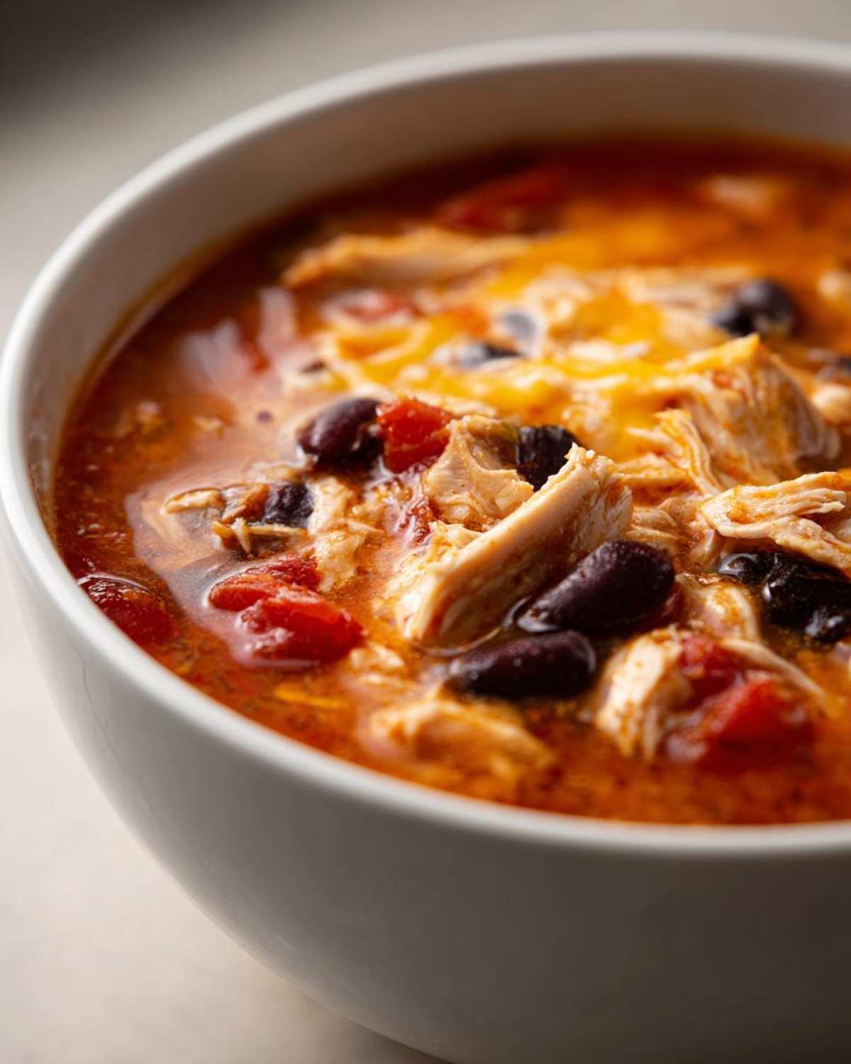 A close-up of rich, orange broth filled with shredded chicken, black beans, and tomatoes in Instant Pot Creamy Chicken Enchilada Soup.