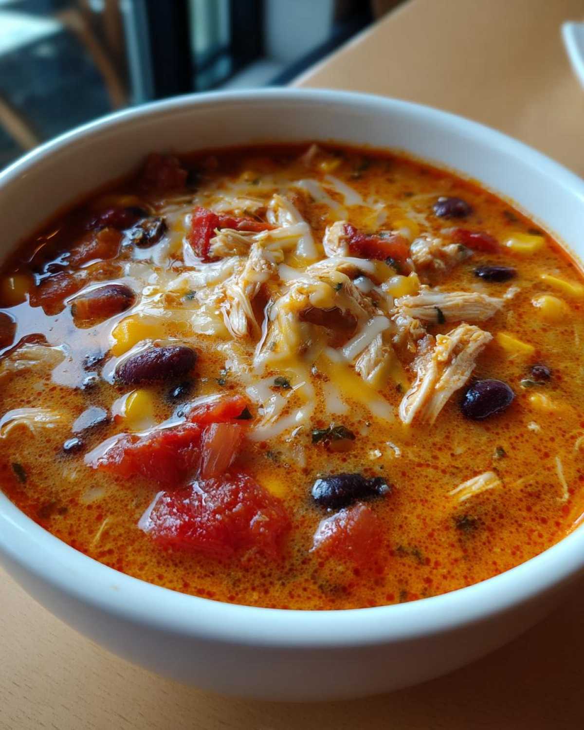 Close-up of a white bowl filled with Instant Pot Creamy Chicken Enchilada Soup, topped with shredded cheese.