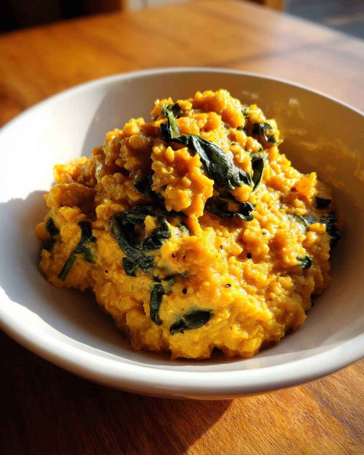 A close-up of rich, yellow Instant Pot Creamy Coconut Lentils with Spinach served in a white bowl.