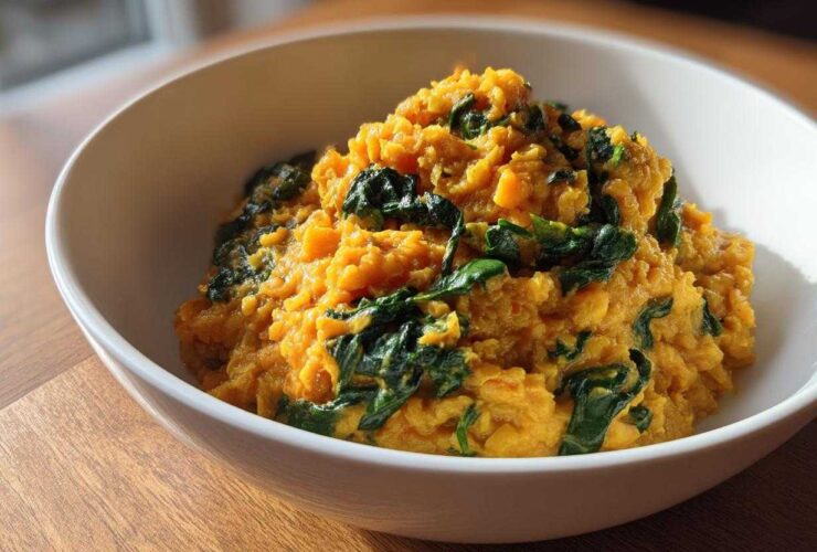 A white bowl filled with vibrant orange Instant Pot Creamy Coconut Lentils with Spinach.