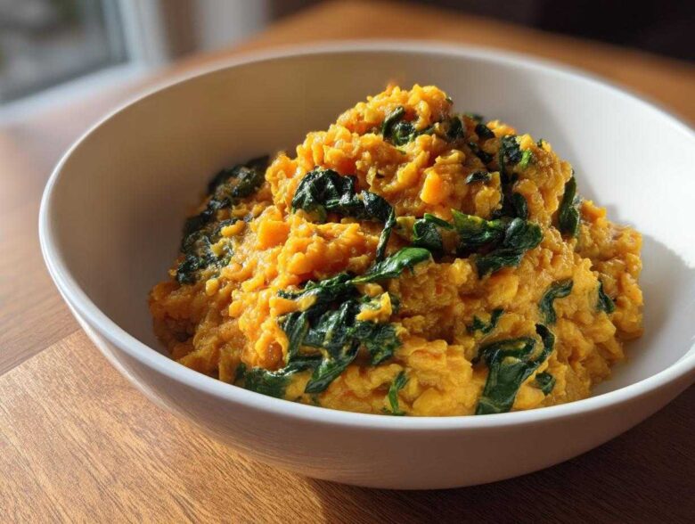 A white bowl filled with vibrant orange Instant Pot Creamy Coconut Lentils with Spinach.