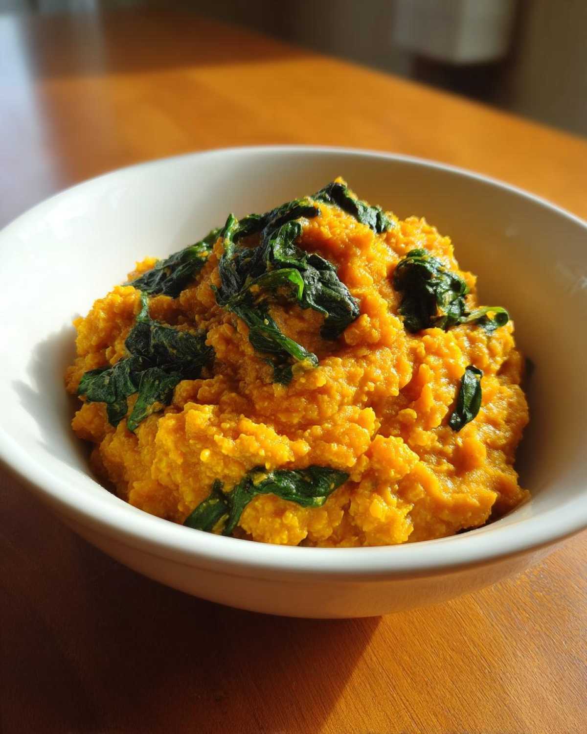 A close-up of Instant Pot Creamy Coconut Lentils with Spinach served in a white bowl on a wooden table.