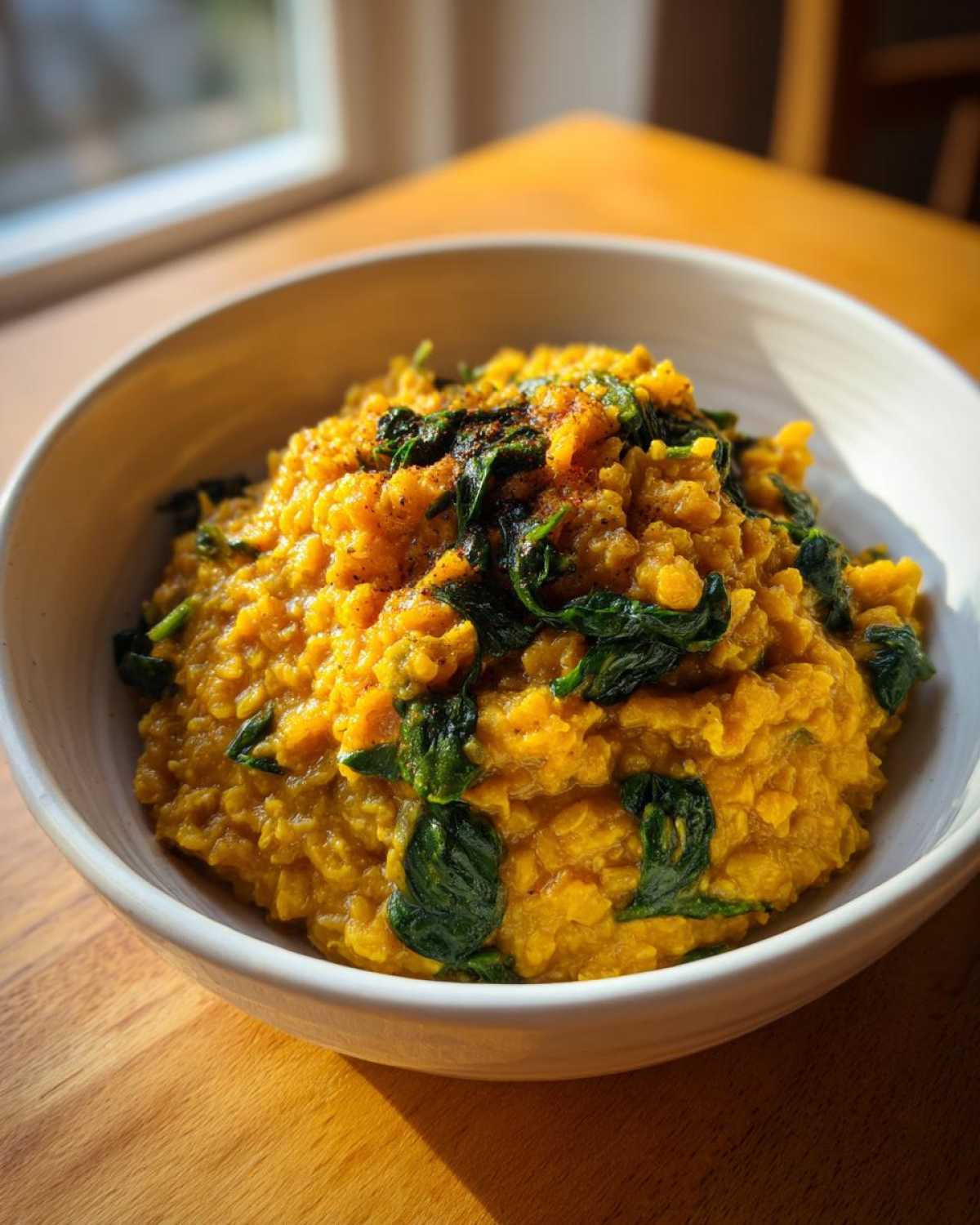 A close-up of Instant Pot Creamy Coconut Lentils with Spinach, served in a white bowl on a wooden table.
