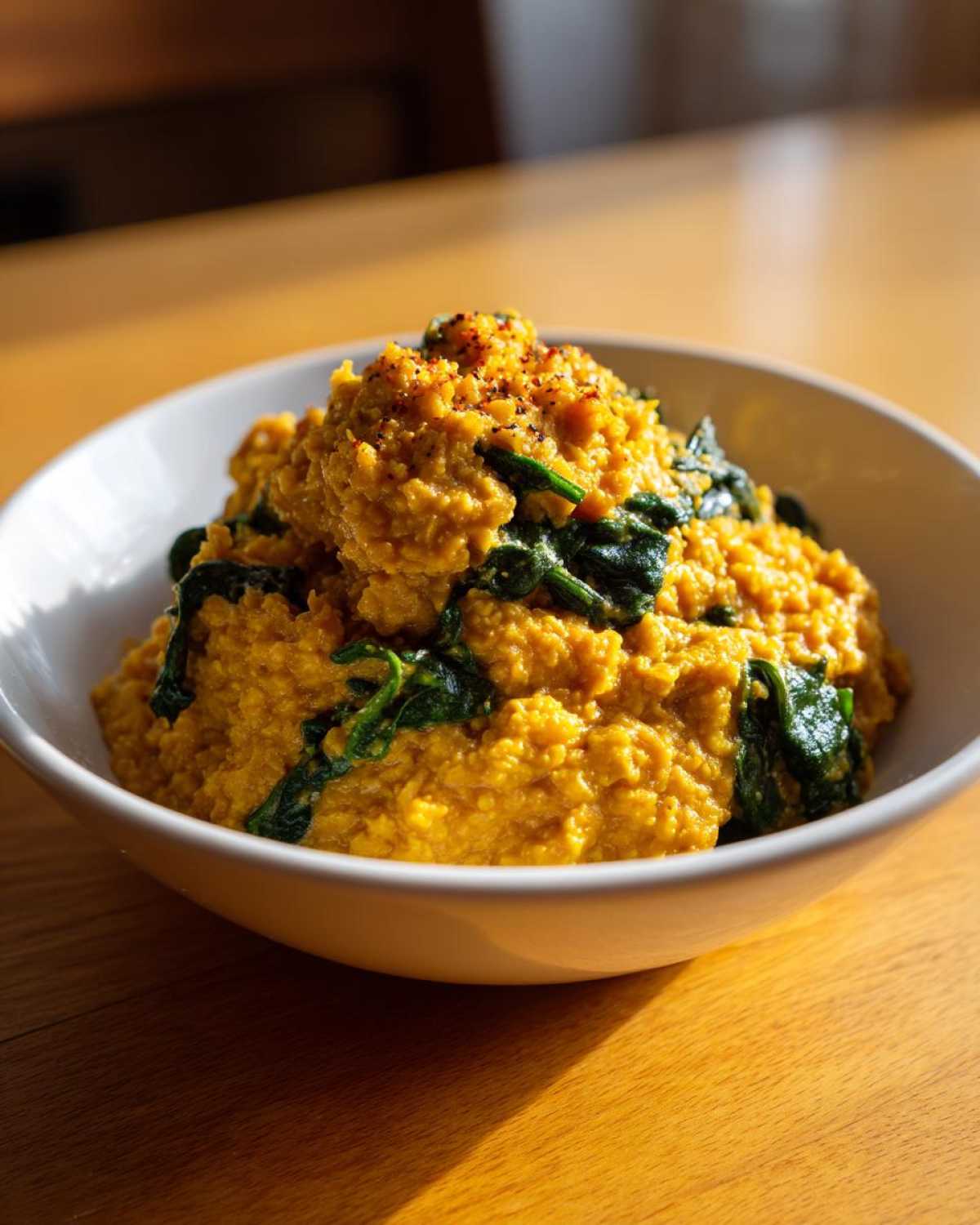 A close-up of a white bowl filled with vibrant yellow Instant Pot Creamy Coconut Lentils with Spinach.