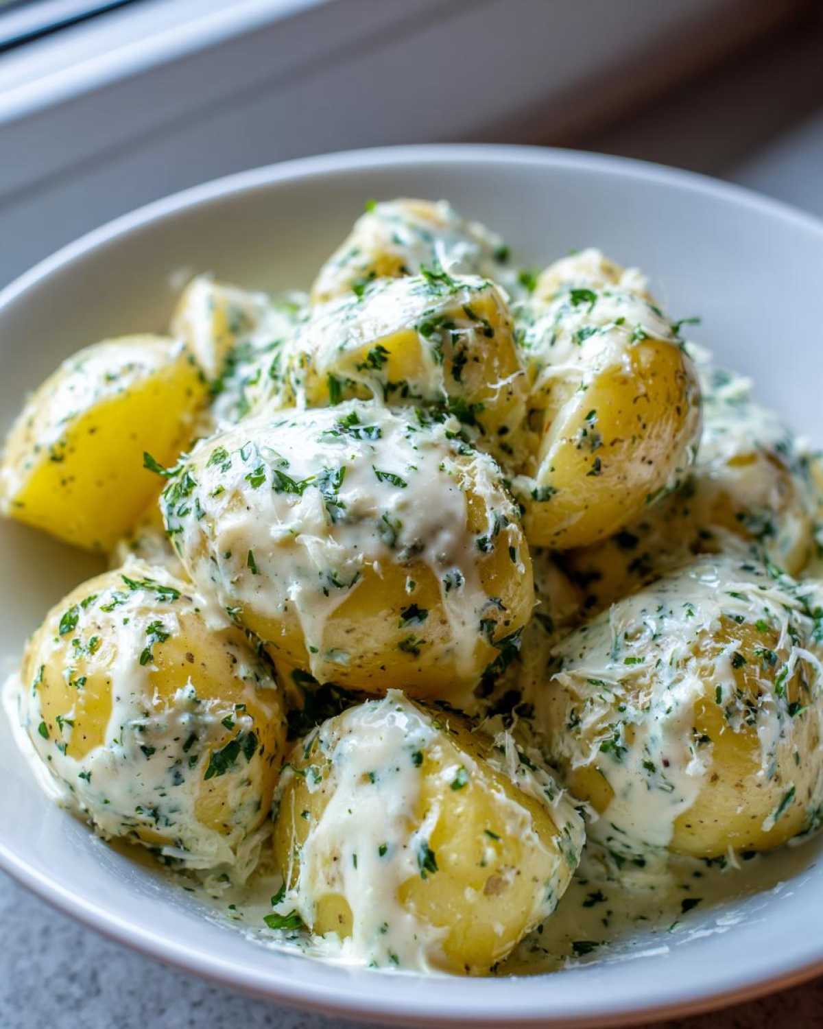 A white bowl filled with tender potatoes coated in a rich, creamy garlic butter sauce and fresh parsley, showcasing Instant Pot Creamy Garlic Butter Potatoes.