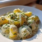 Close-up of Instant Pot Creamy Garlic Butter Potatoes covered in a rich sauce, topped with parsley and grated cheese.