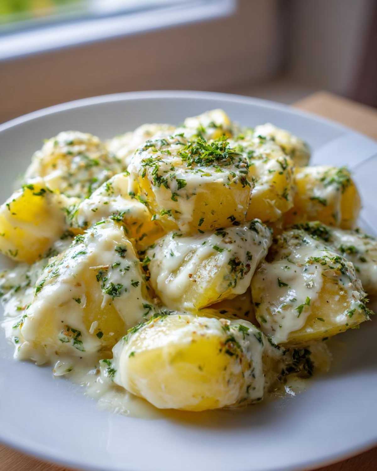 Close-up of Instant Pot Creamy Garlic Butter Potatoes coated in a rich white sauce and topped with fresh parsley.