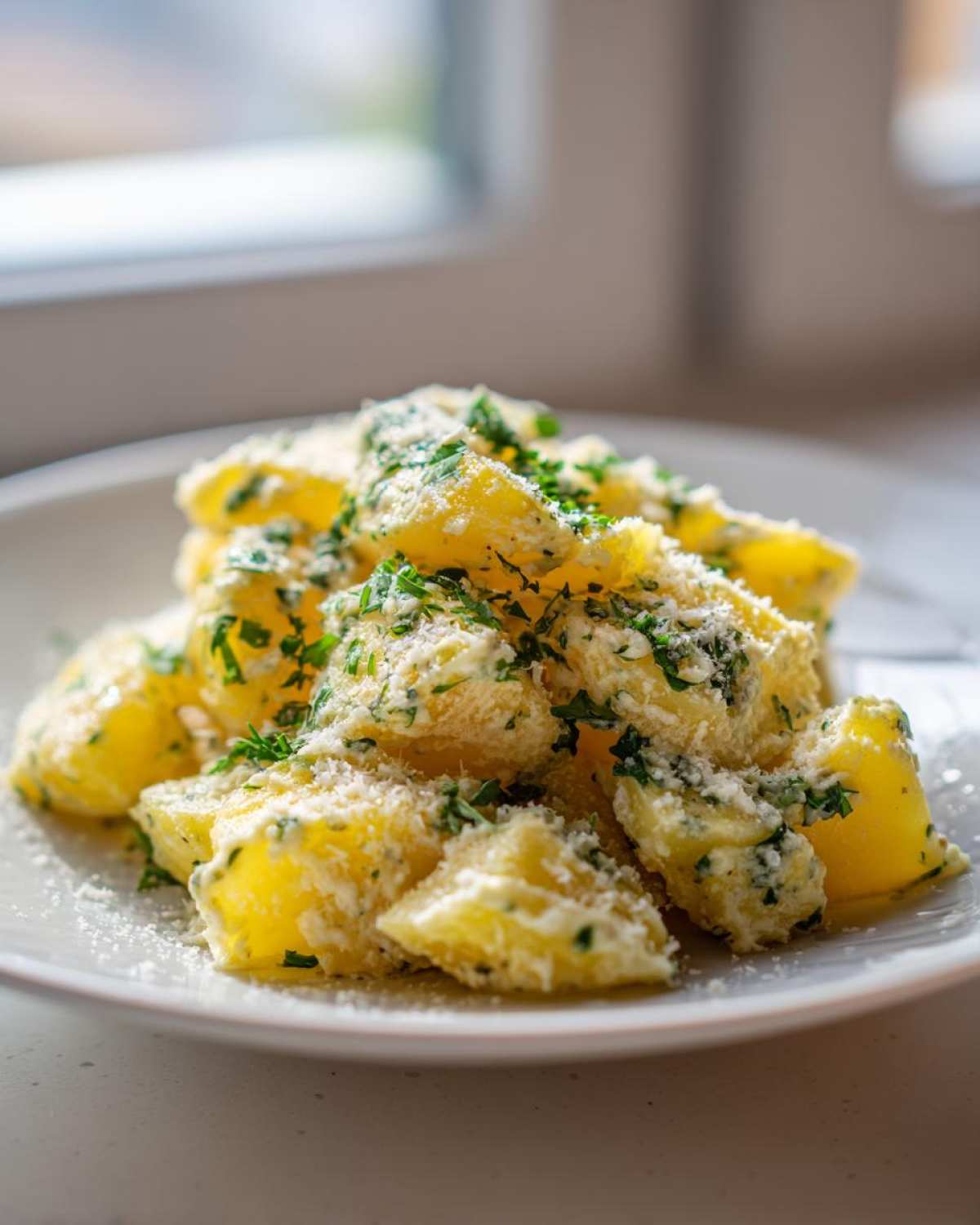 Close-up of Instant Pot Creamy Garlic Butter Potatoes topped with Parmesan and fresh parsley.