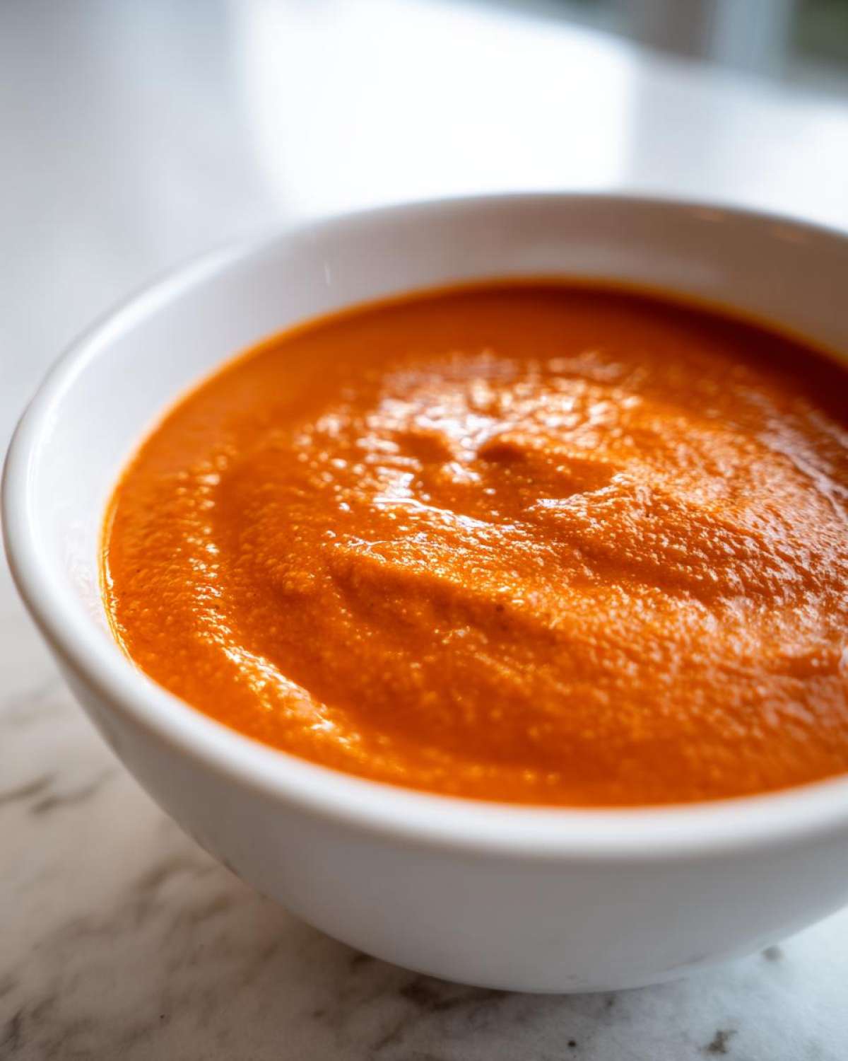 A close-up view of rich, orange-red Instant Pot Creamy Red Pepper Tomato Soup served in a white bowl.