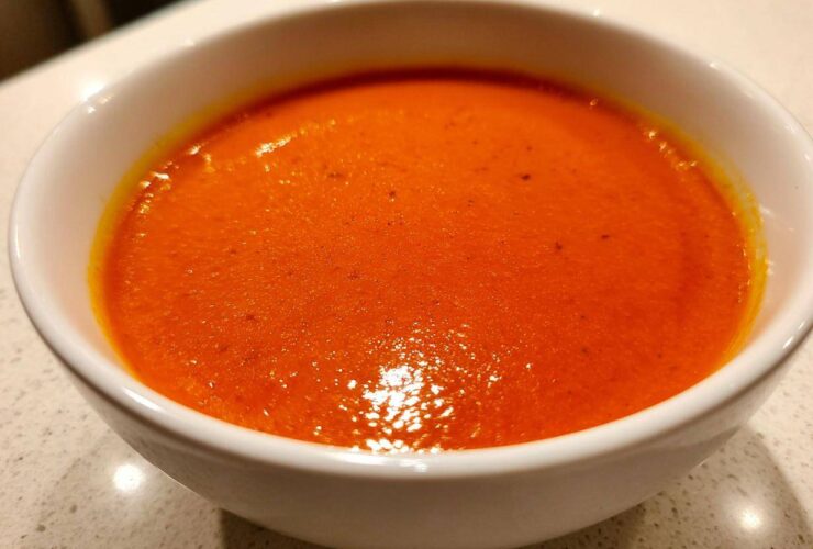 Close-up of a white bowl filled with vibrant orange Instant Pot Creamy Red Pepper Tomato Soup.