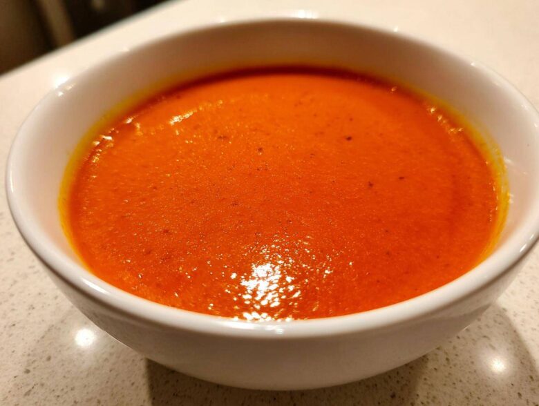 Close-up of a white bowl filled with vibrant orange Instant Pot Creamy Red Pepper Tomato Soup.