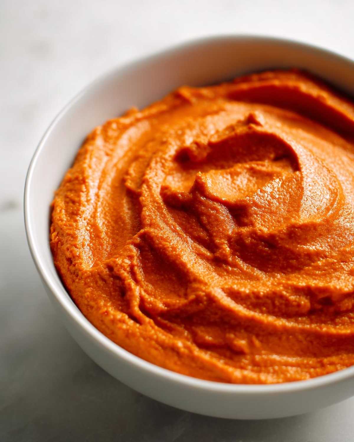 Close-up of thick, vibrant orange Instant Pot Creamy Red Pepper Tomato Soup swirled in a white bowl.