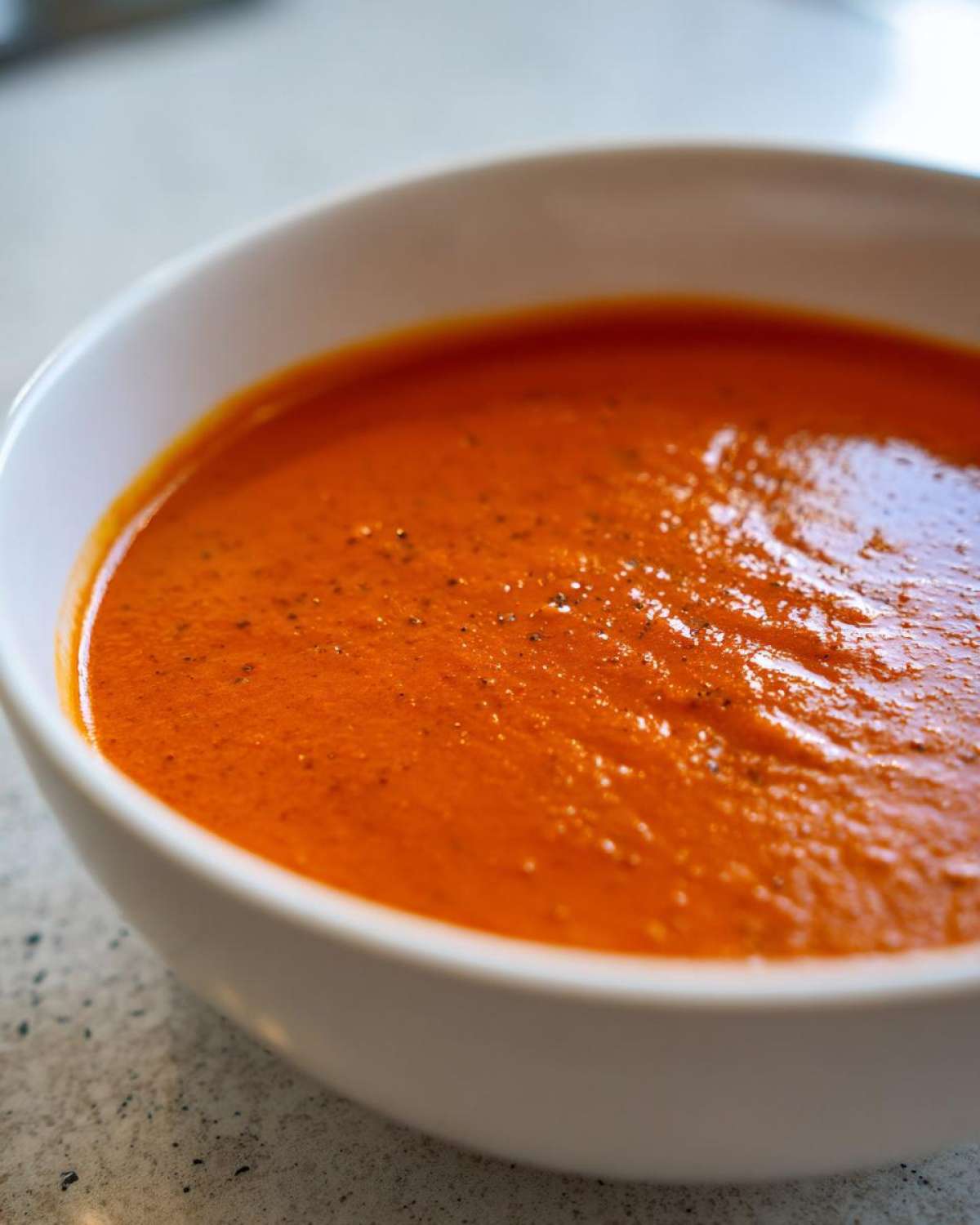 Close-up of a white bowl filled with vibrant orange Instant Pot Creamy Red Pepper Tomato Soup, lightly seasoned with pepper.