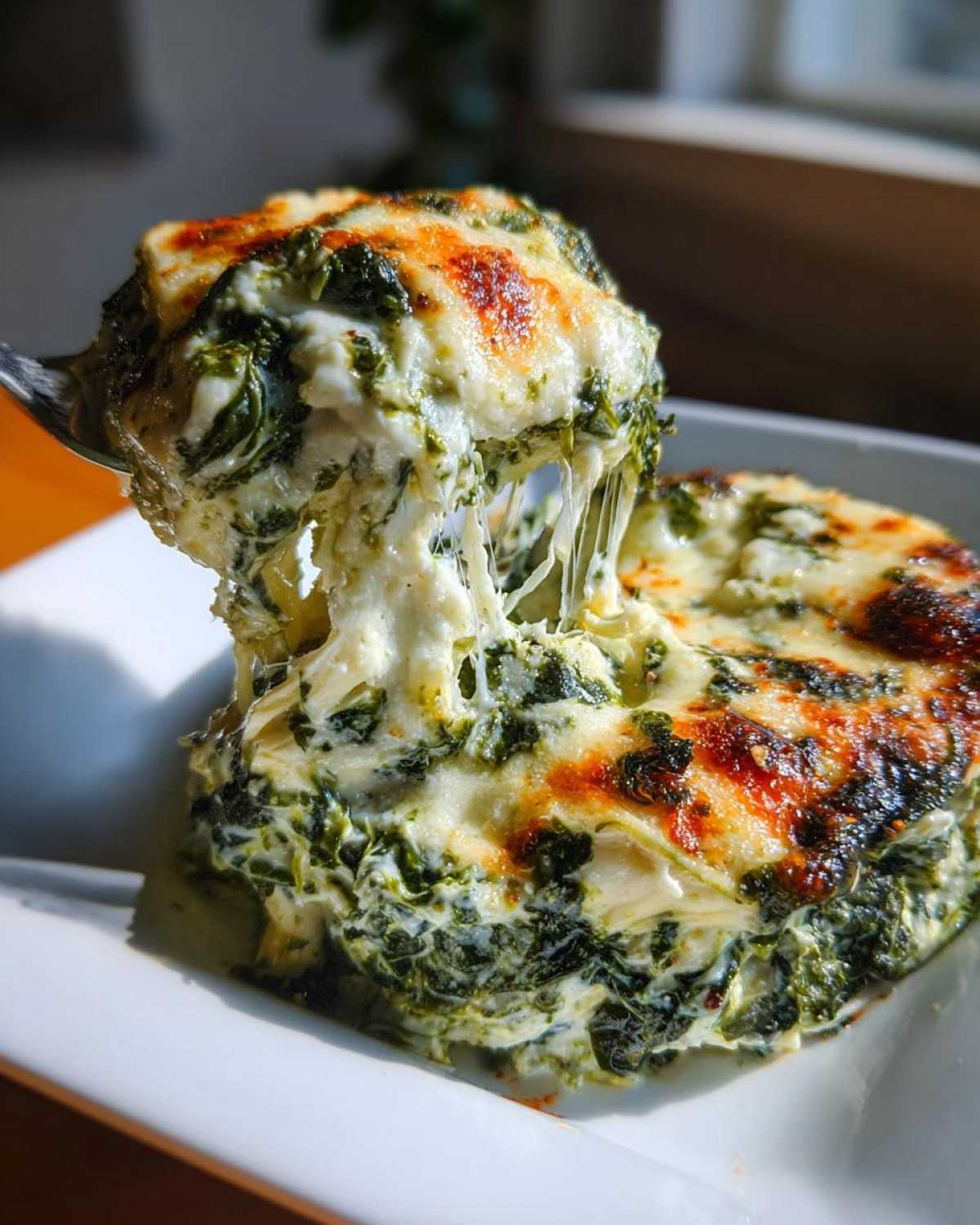 A spoonful of cheesy, hot Instant Pot Creamy Spinach Artichoke Dip showing long cheese pulls.
