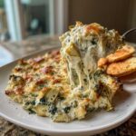 A spoonful of cheesy Instant Pot Creamy Spinach Artichoke Dip showing extreme cheese pull, served with toasted bread.