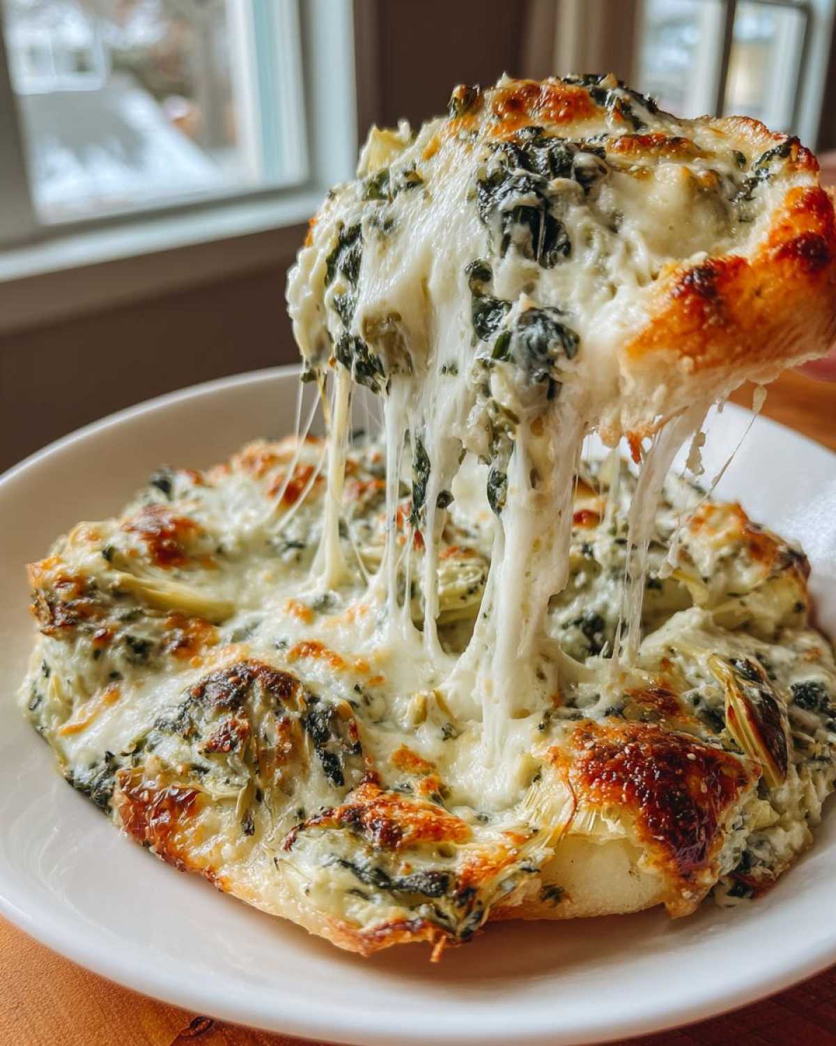 A scoop of hot Instant Pot Creamy Spinach Artichoke Dip being lifted, showing long, dramatic cheese pulls.