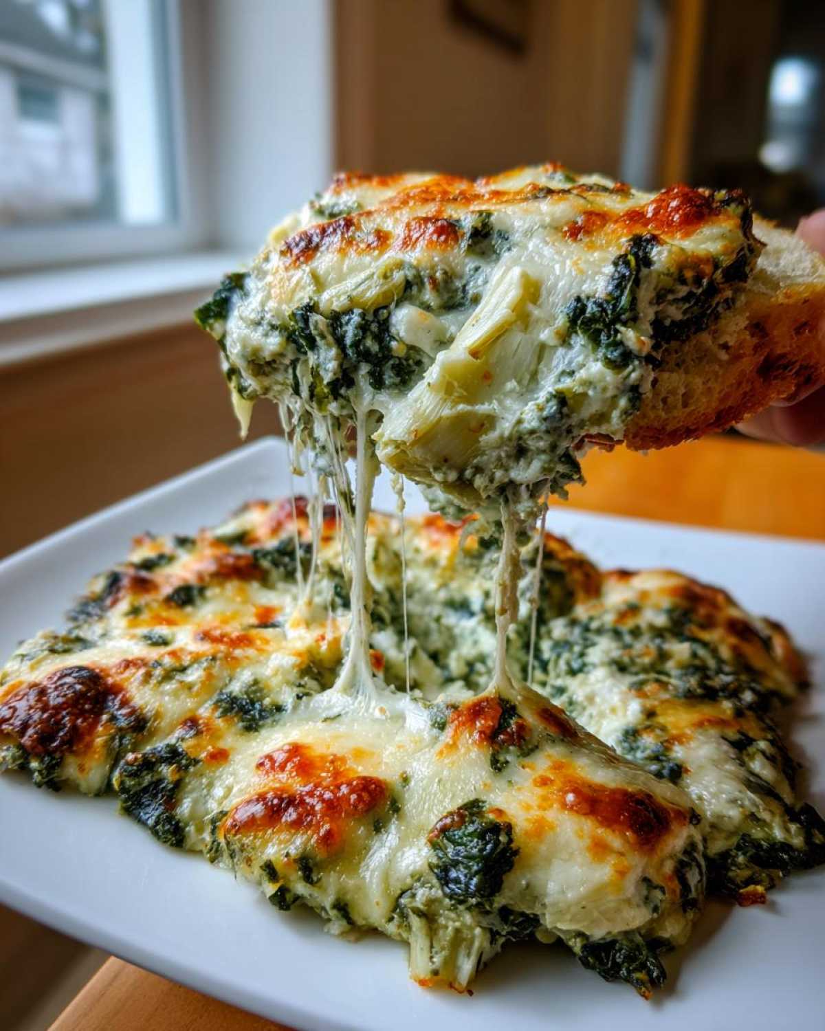 A piece of bread loaded with gooey Instant Pot Creamy Spinach Artichoke Dip is lifted, showing dramatic cheese pulls.
