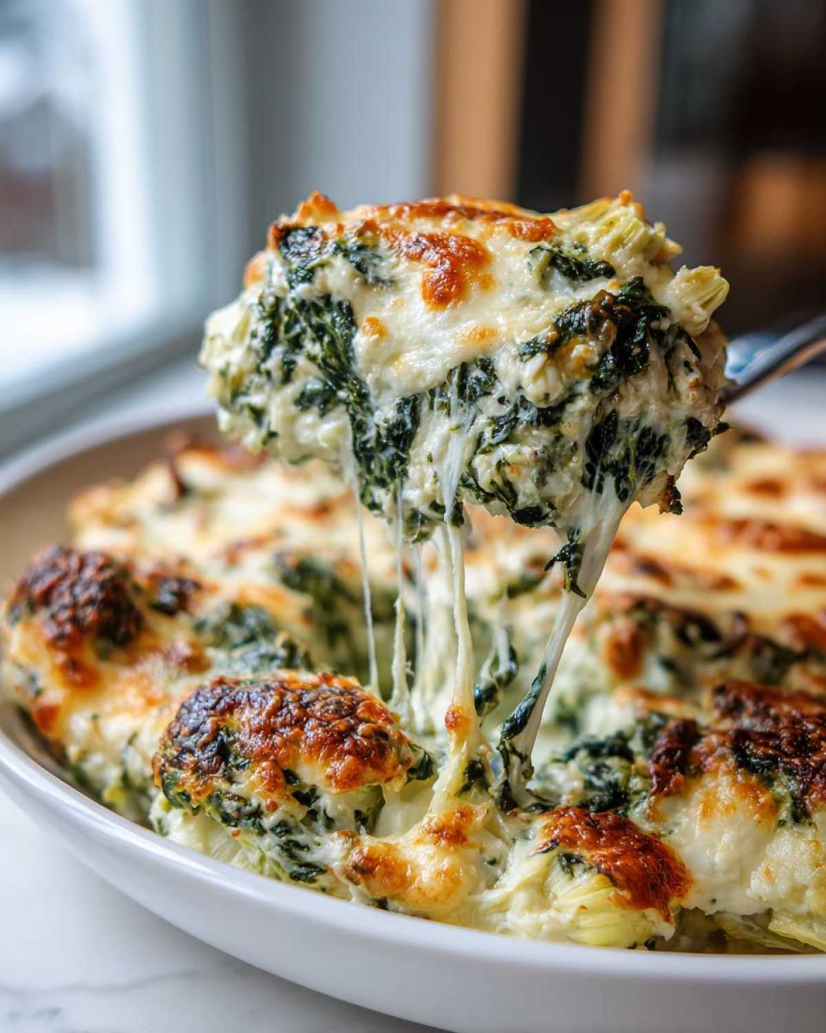 A spoonful of hot Instant Pot Creamy Spinach Artichoke Dip showing long, stretchy cheese pulls.
