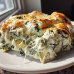 A serving of hot, cheesy Instant Pot Creamy Spinach Artichoke Dip with a golden brown top on a white plate.