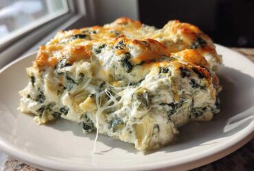 A serving of hot, cheesy Instant Pot Creamy Spinach Artichoke Dip with a golden brown top on a white plate.