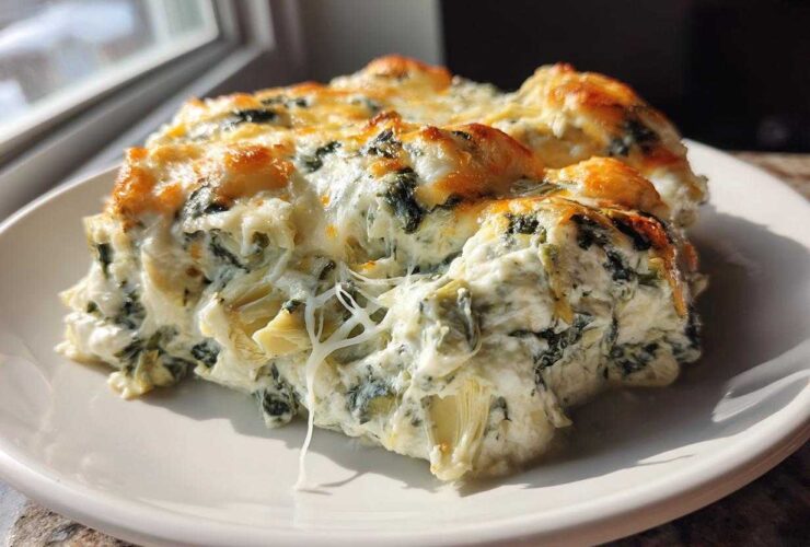 A serving of hot, cheesy Instant Pot Creamy Spinach Artichoke Dip with a golden brown top on a white plate.