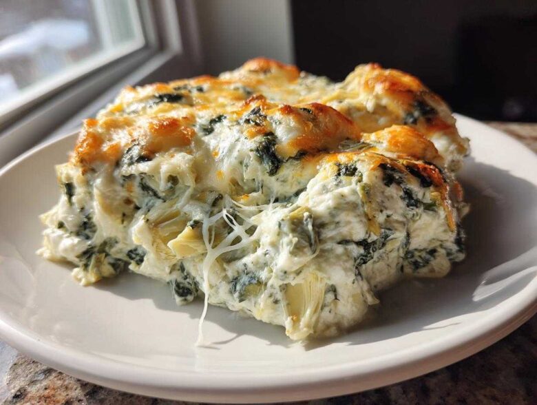 A serving of hot, cheesy Instant Pot Creamy Spinach Artichoke Dip with a golden brown top on a white plate.