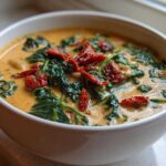 Close-up of a white bowl filled with Instant Pot Creamy Tuscan White Bean Soup, topped with wilted spinach and sun-dried tomatoes.