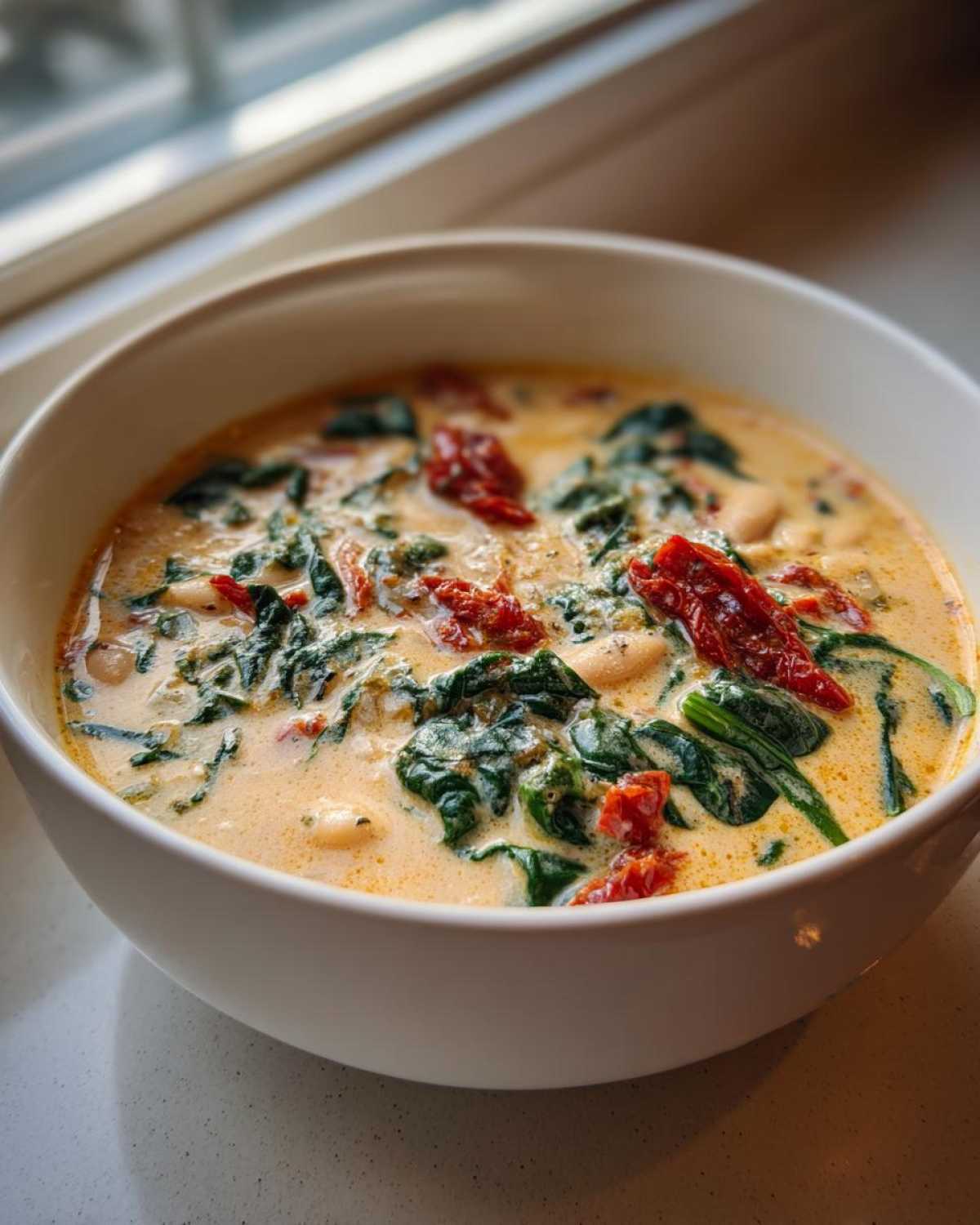 A close-up of a white bowl filled with Instant Pot Creamy Tuscan White Bean Soup, featuring spinach and sun-dried tomatoes.