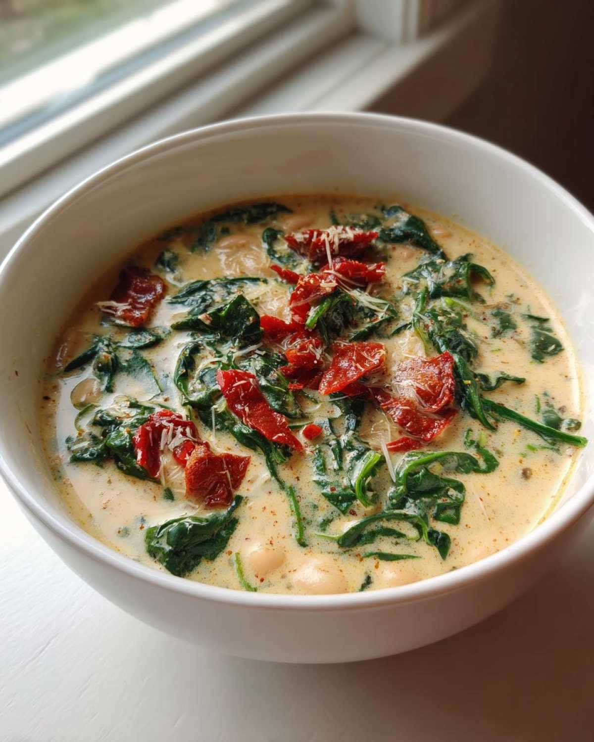 A close-up of Instant Pot Creamy Tuscan White Bean Soup, featuring white beans, wilted spinach, sun-dried tomatoes, and grated cheese.