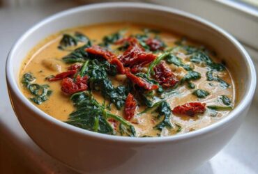 Close-up of a white bowl filled with Instant Pot Creamy Tuscan White Bean Soup, topped with wilted spinach and sun-dried tomatoes.