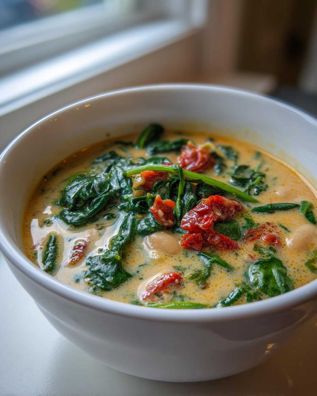 Close-up of a white bowl filled with Instant Pot Creamy Tuscan White Bean Soup, featuring spinach and sun-dried tomatoes.