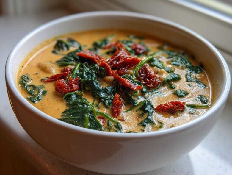 Close-up of a white bowl filled with Instant Pot Creamy Tuscan White Bean Soup, topped with wilted spinach and sun-dried tomatoes.