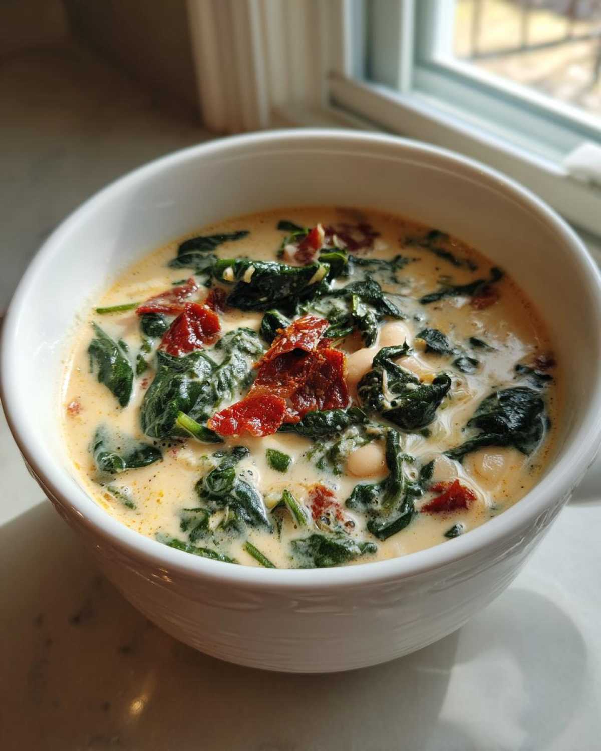 A close-up of a white bowl filled with Instant Pot Creamy Tuscan White Bean Soup, featuring spinach, sun-dried tomatoes, and white beans.