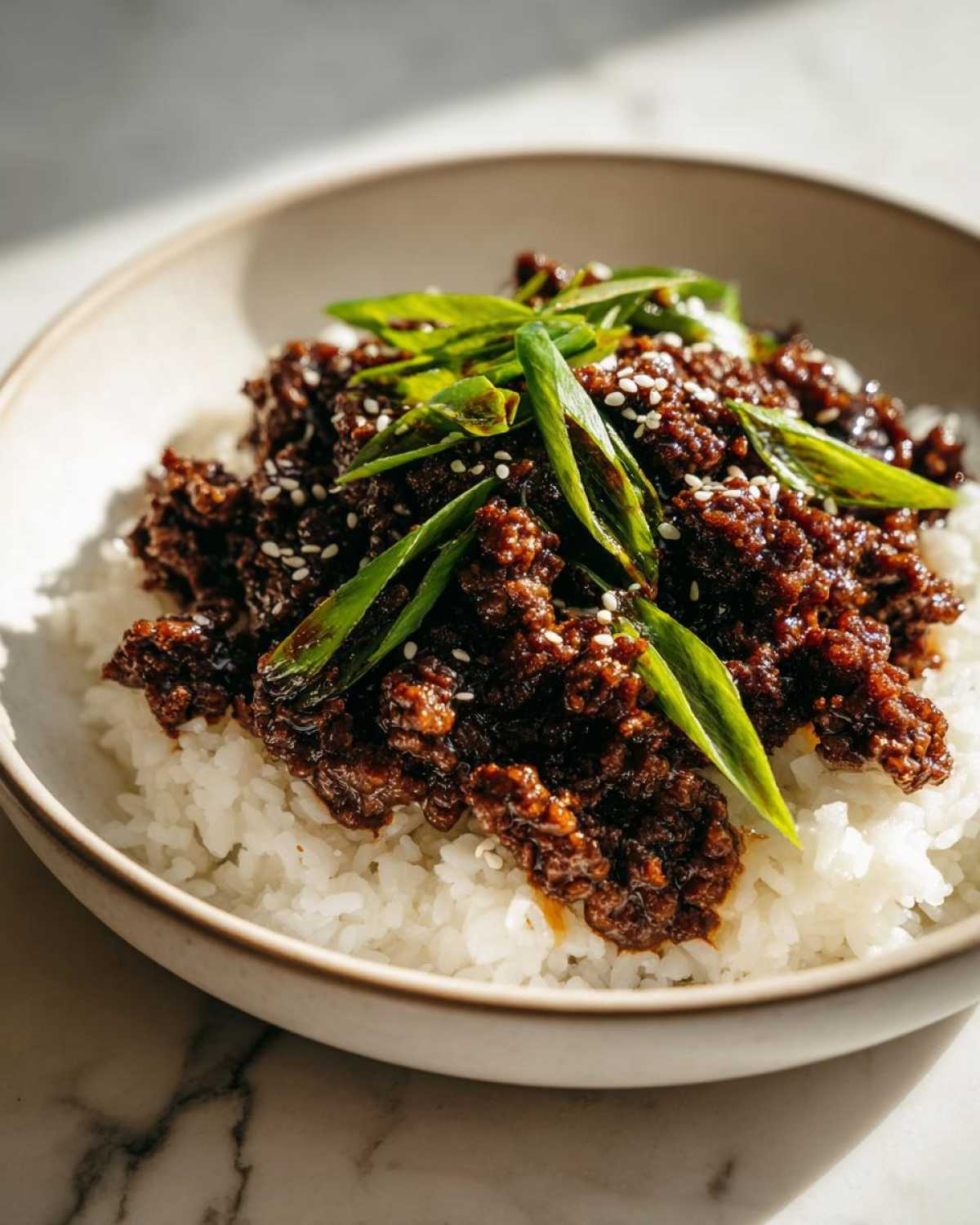 Close-up of Instant Pot Korean Beef and Rice Bowls, featuring savory ground beef over white rice, topped with green onions and sesame seeds.