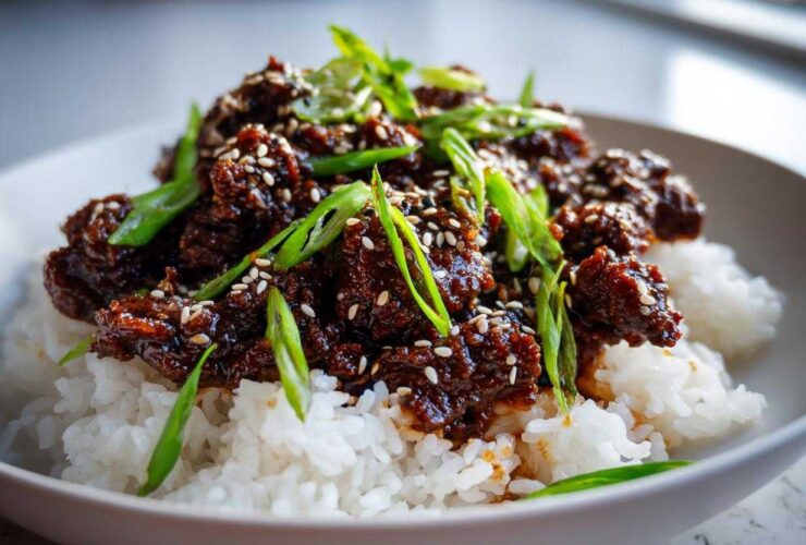 Close-up of Instant Pot Korean Beef and Rice Bowls, featuring saucy beef over white rice, topped with green onions and sesame seeds.