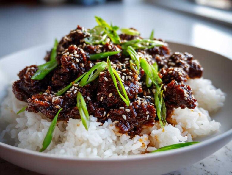 Close-up of Instant Pot Korean Beef and Rice Bowls, featuring saucy beef over white rice, topped with green onions and sesame seeds.