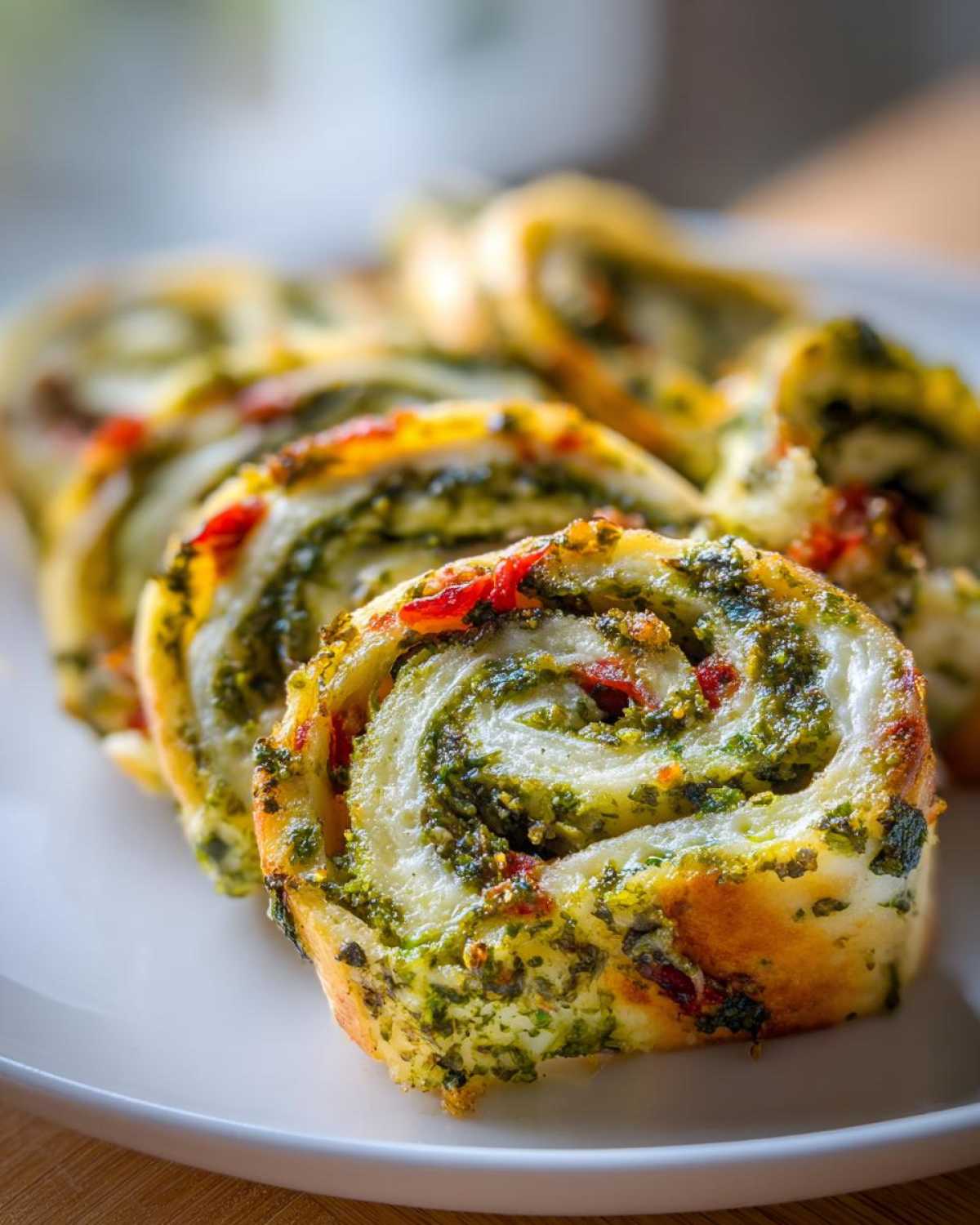 A close-up, shallow depth-of-field shot of several freshly baked italian pinwheels filled with green pesto and red sun-dried tomatoes.