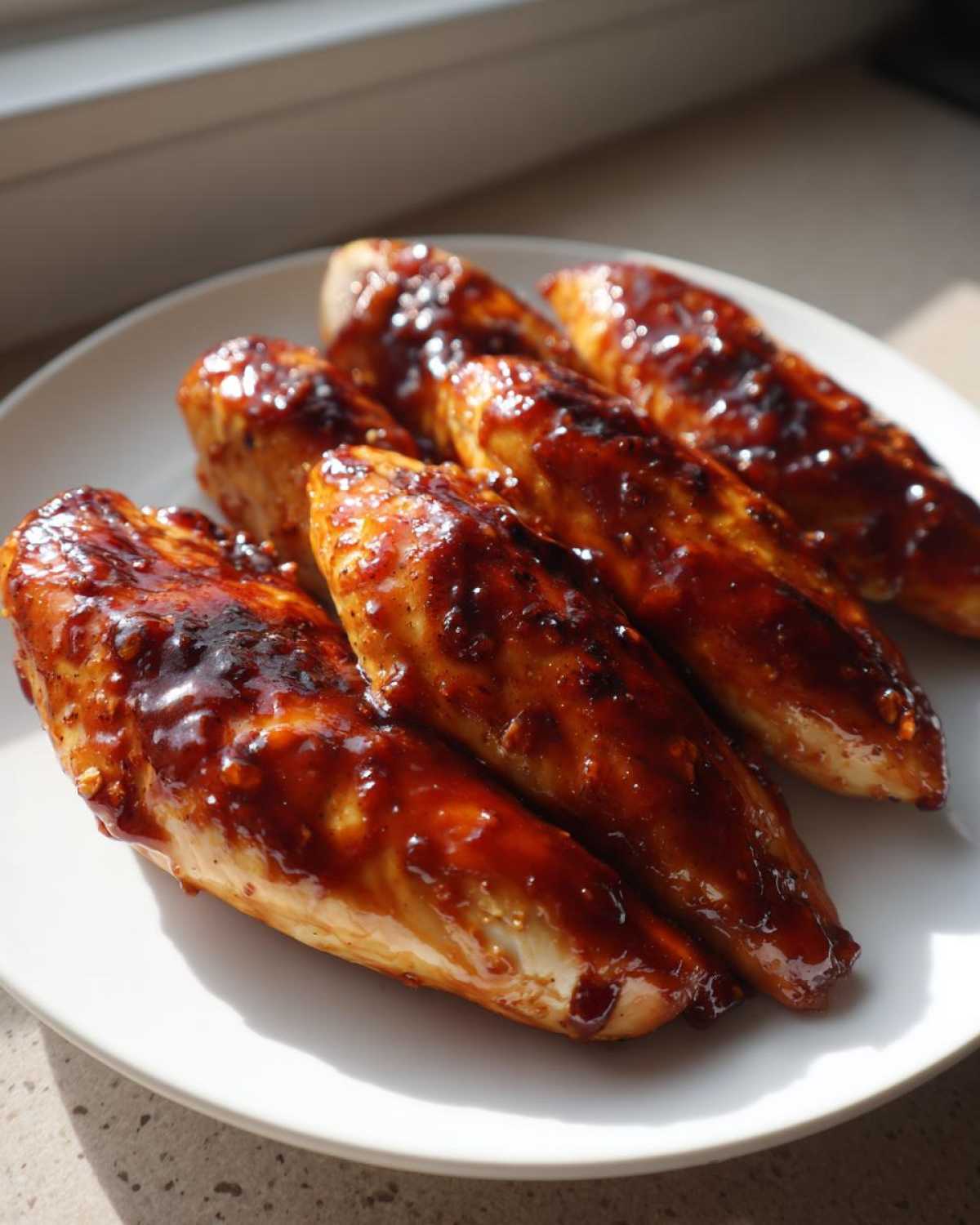 Four pieces of juicy oven bbq chicken breasts covered in a thick, glossy, dark brown sauce, served on a white plate.