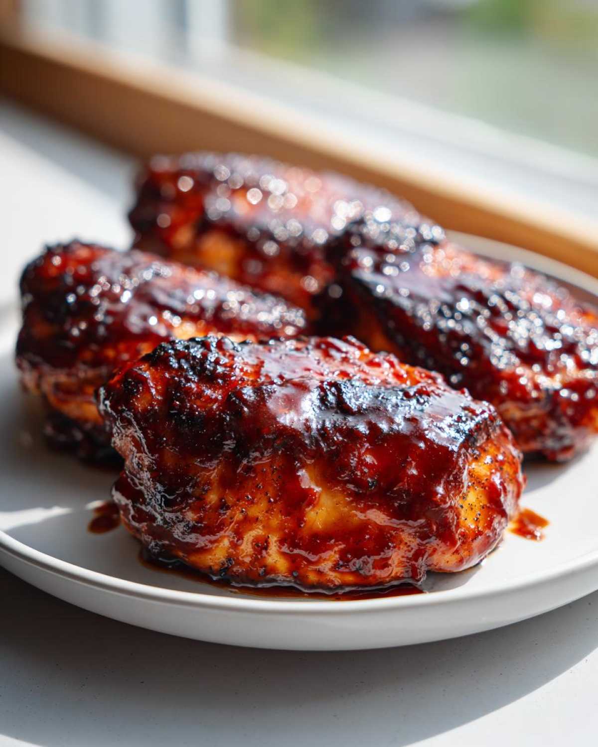 Close-up of three pieces of juicy oven bbq chicken coated in a thick, glossy, dark red barbecue sauce.