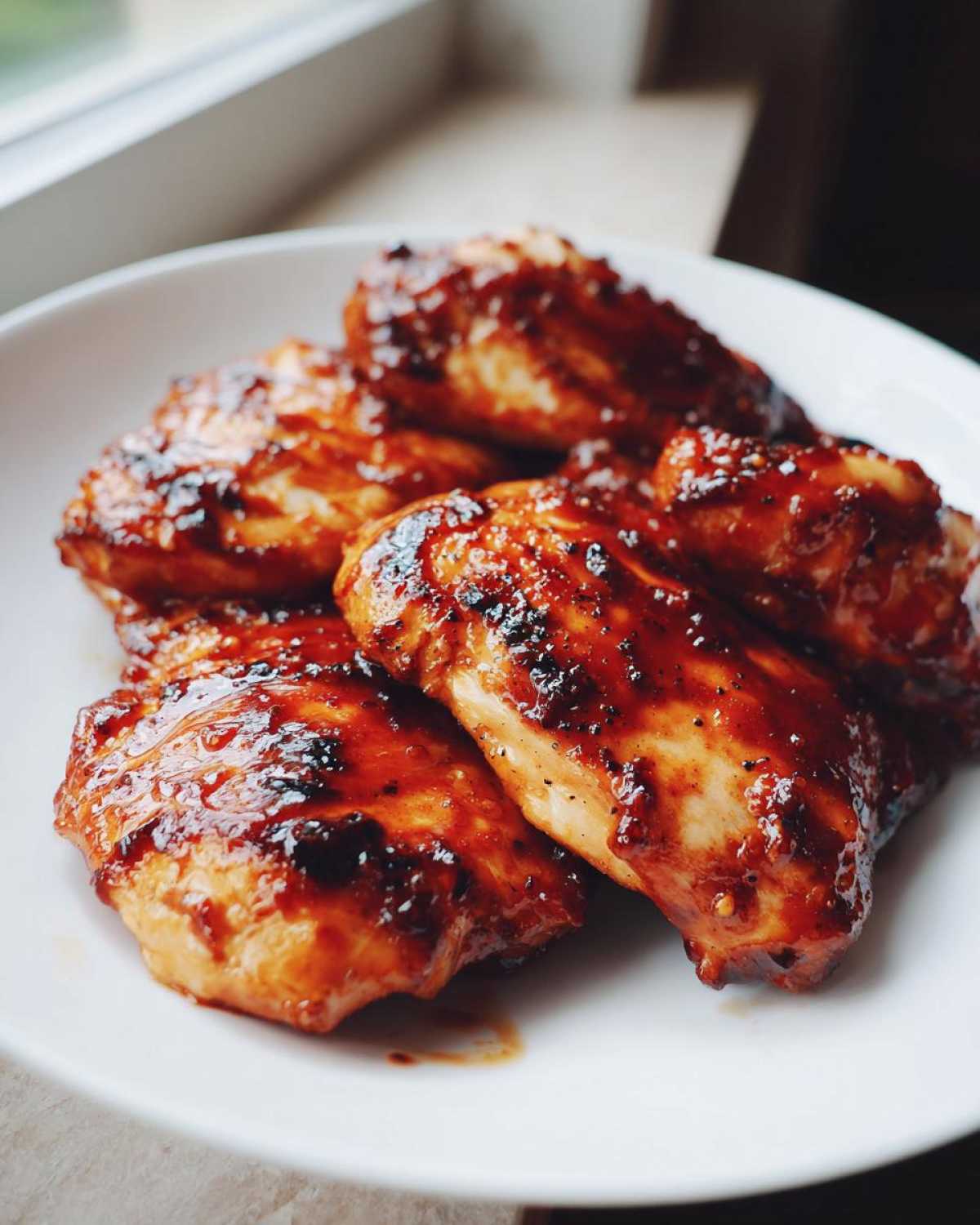Close-up of several pieces of juicy oven baked bbq chicken coated in a thick, glossy sauce on a white plate.
