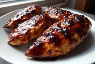 Four pieces of juicy oven baked bbq chicken breasts covered in a thick, glossy sauce served on a white plate.